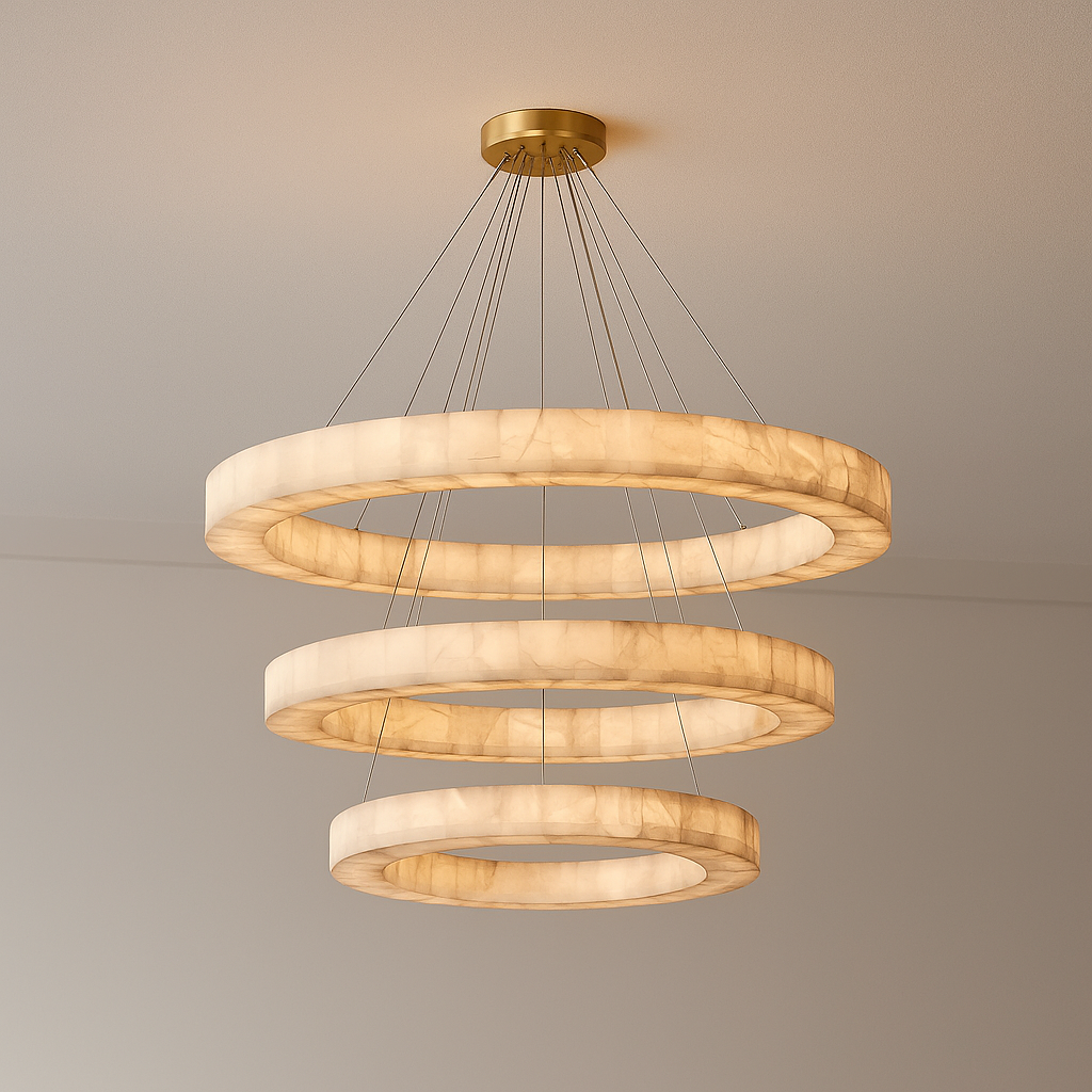 OLYRA 3-TIER ROUND ALABASTER CHANDELIER 39" 47" 59"D, three-tier