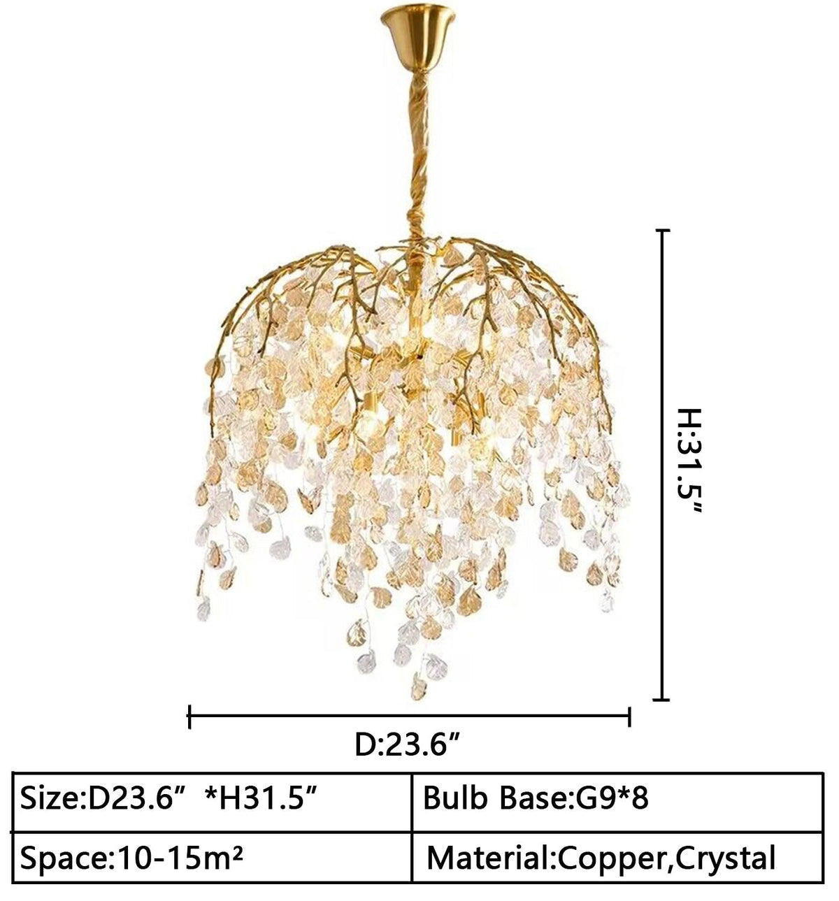 D23.6"*H31.5" — Modern Luxury Leaf Branch Crystal Chandelier Art Copper for Living/Dining Room/Bedroom