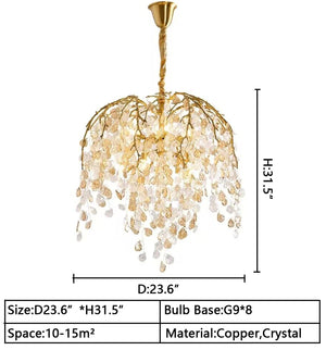 D23.6"*H31.5" — Modern Luxury Leaf Branch Crystal Chandelier Art Copper for Living/Dining Room/Bedroom