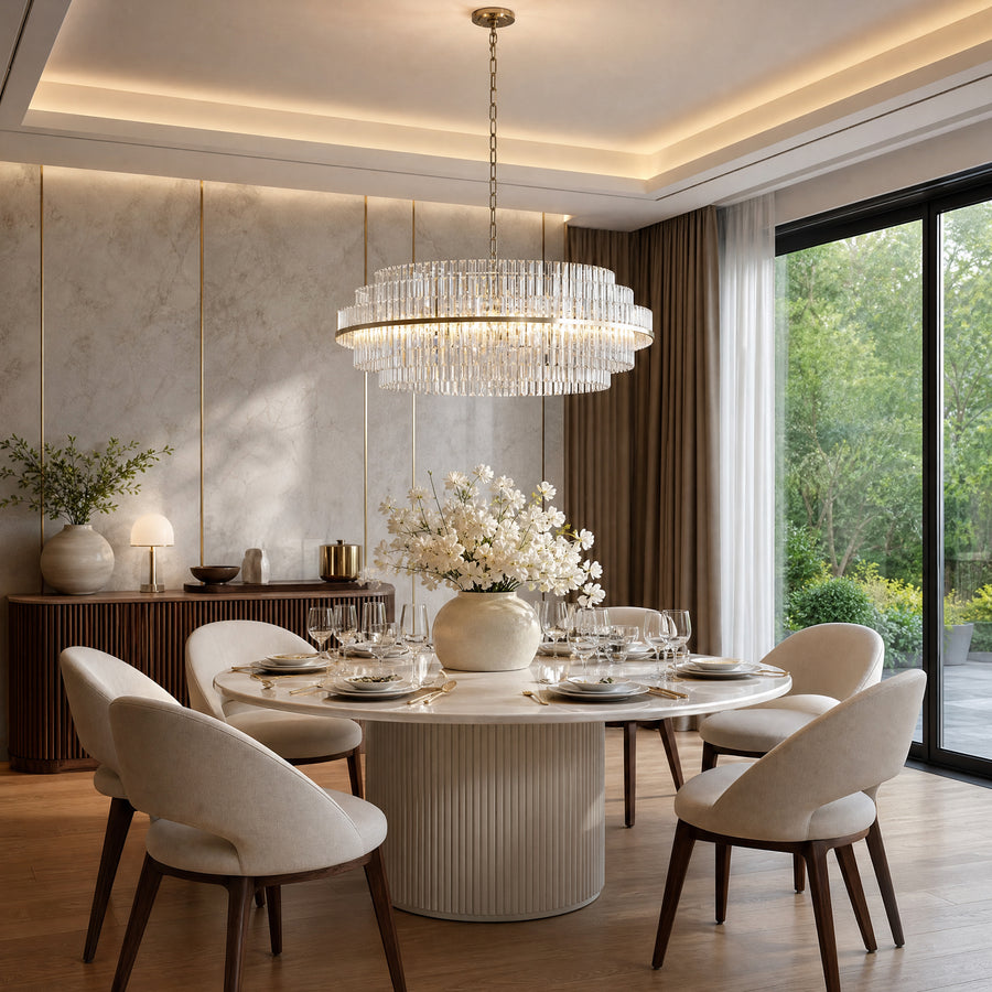 Dining room with a round table beneath a two-tier crystal drum chandelier