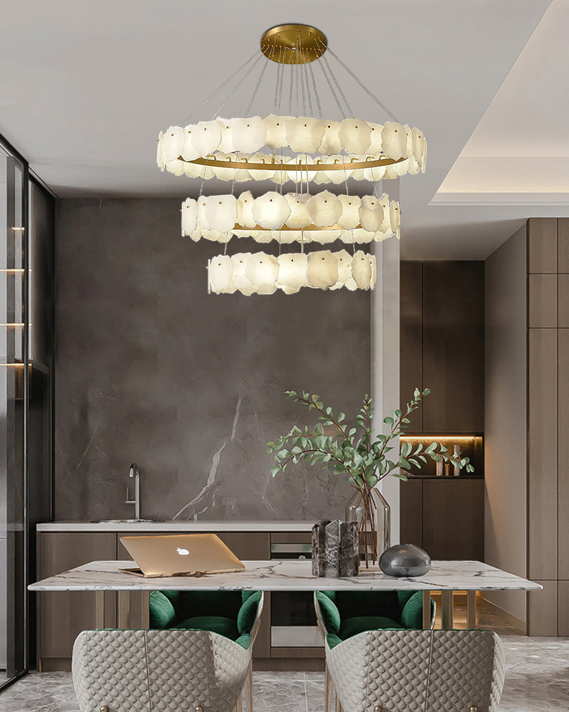 3-tiered stairwell chandeliers | irregular alabaster plate in disk ceiling with long cord, three-tier - view 6