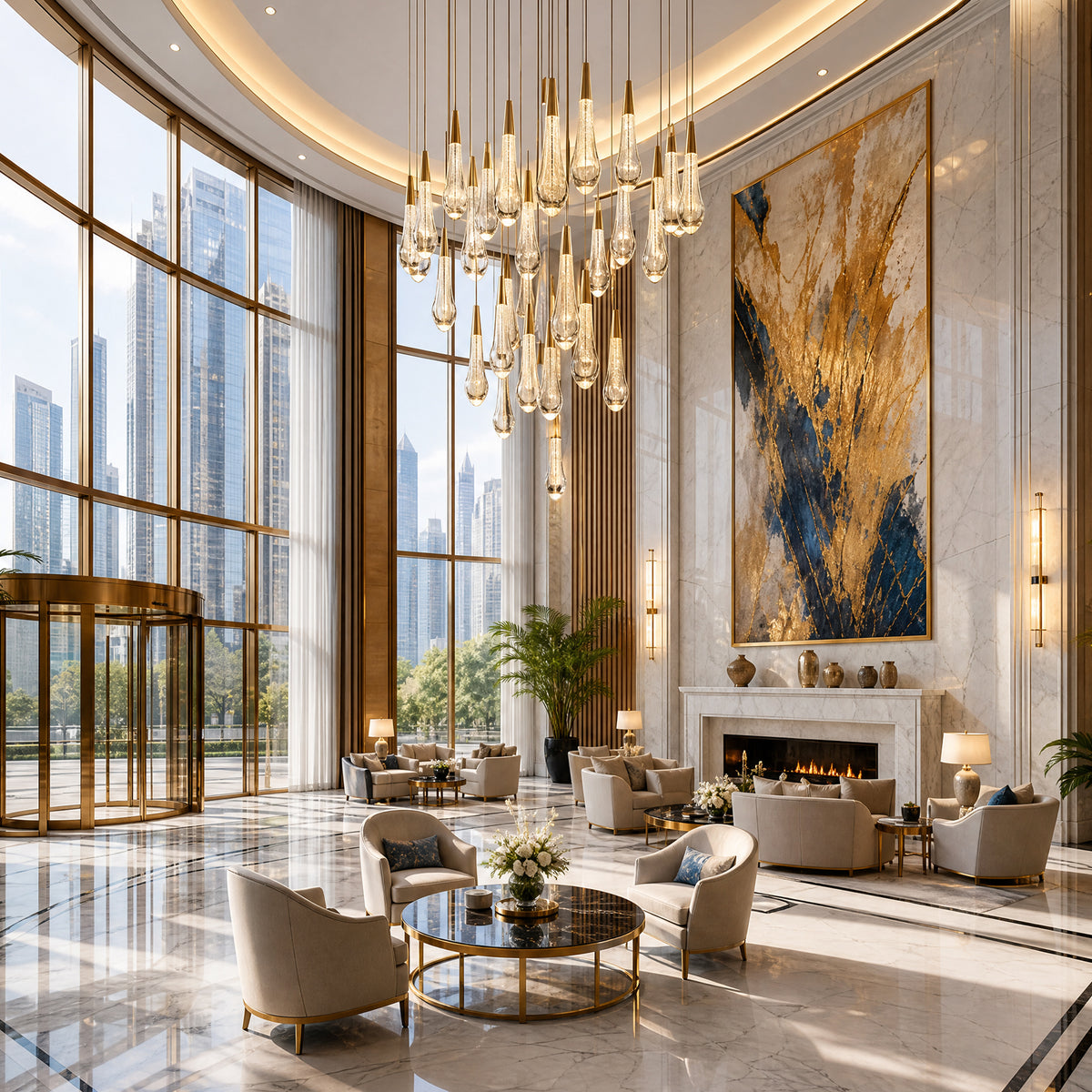 Double-height hotel lobby with a cascading cluster of teardrop glass pendants above marble seating
