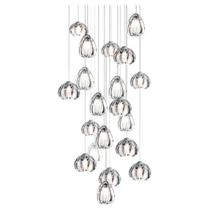 Modern Nordic 20-light hand-blown glass pendant cluster chandelier, clear ribbed teardrops