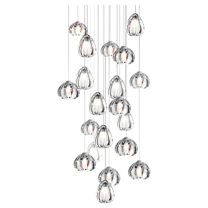 Modern Nordic 20-light hand-blown glass pendant cluster chandelier, clear ribbed teardrops