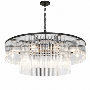 D800 Double-Layer Striped Column Round Pendant - Black