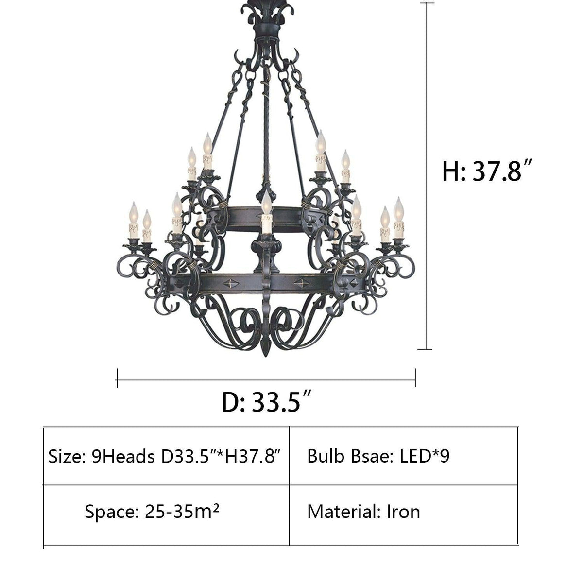 D33.5"*H37.8" — Vintage Iron Simple Candle Art Chandelier for Living Room / Villa / Stairs