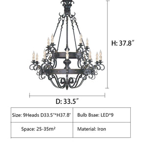 D33.5"*H37.8" — Vintage Iron Simple Candle Art Chandelier for Living Room / Villa / Stairs