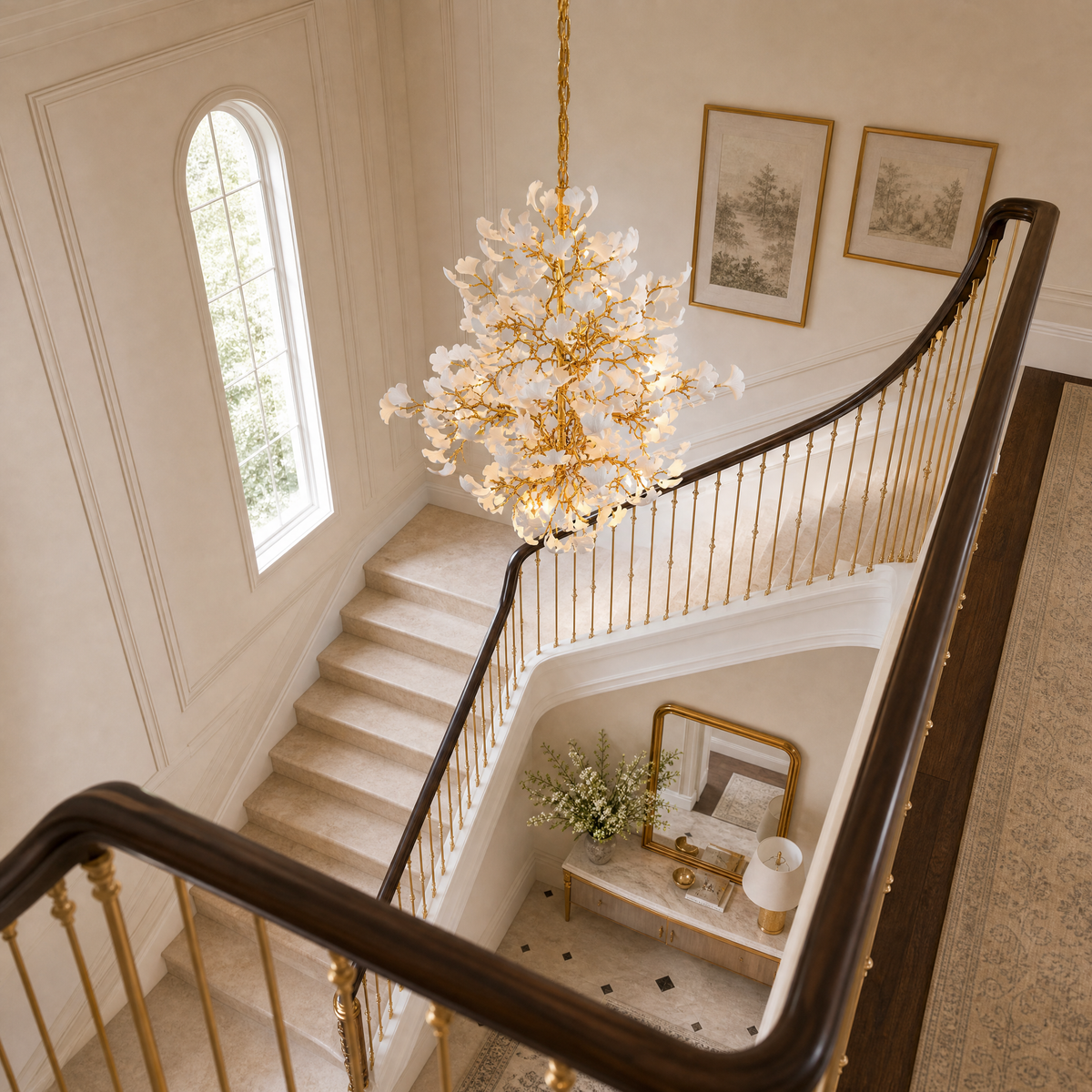 Moon Ring Ceramic Ginkgo Leaf Staircase Chandelier D1200 - Gold - view 6