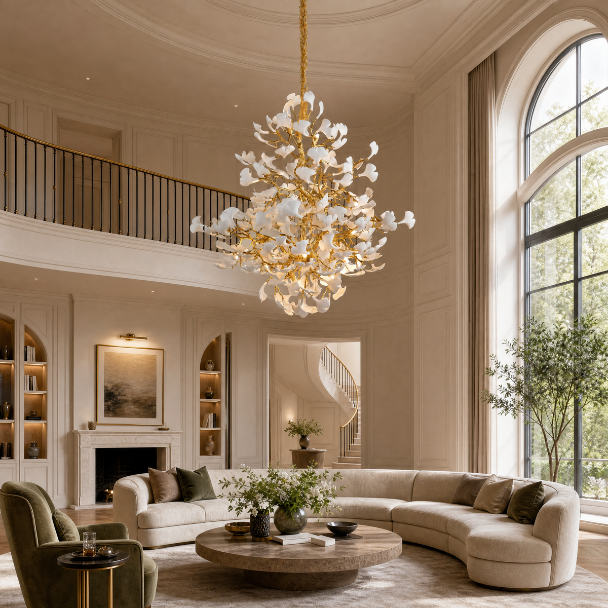 Moon Ring Ceramic Ginkgo Leaf Staircase Chandelier D1200 - Gold - view 7