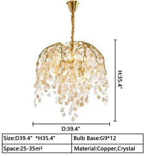 D39.4"*H35.4" — Modern Luxury Leaf Branch Crystal Chandelier Art Copper for Living/Dining Room/Bedroom