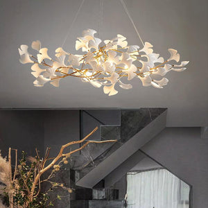 Ginkgo Ceramic Petal Modern Linear Branch Chandelier