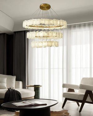 Irregular Alabaster Multi-Layered Round Chandelier, in white + brass - view 6