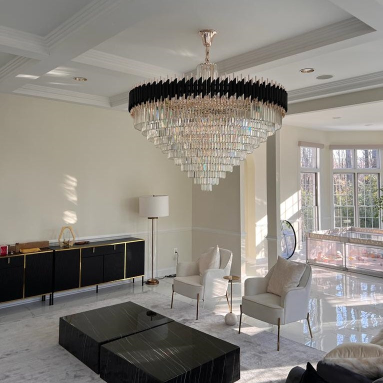 60 Inch Luxury Modern Round Crystal Chandelier Lighting for Living Room, in black+silver gold