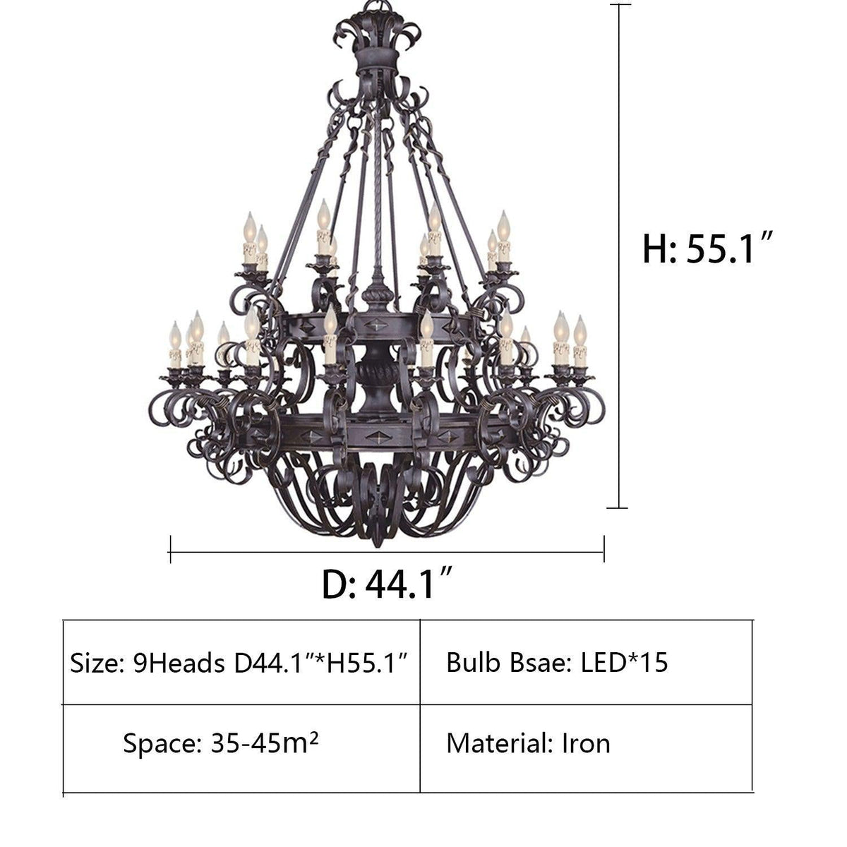 D44.1"*H55.1" — Vintage Iron Simple Candle Art Chandelier for Living Room / Villa / Stairs