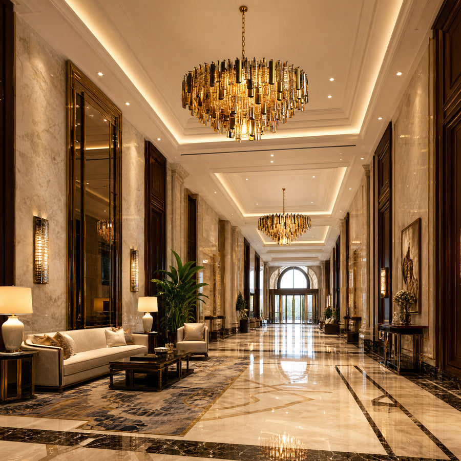 Marble hotel lobby corridor with cream sofa and tiered brass and amber glass chandeliers