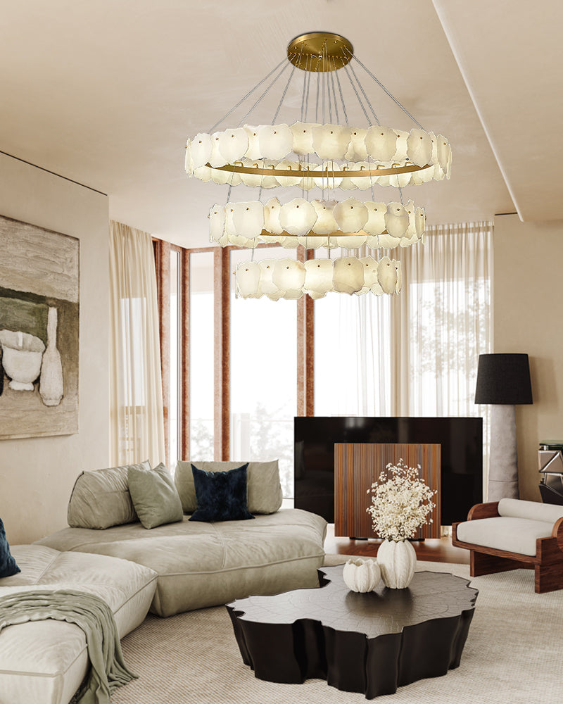 3-tiered stairwell chandeliers | irregular alabaster plate in disk ceiling with long cord, three-tier - view 8