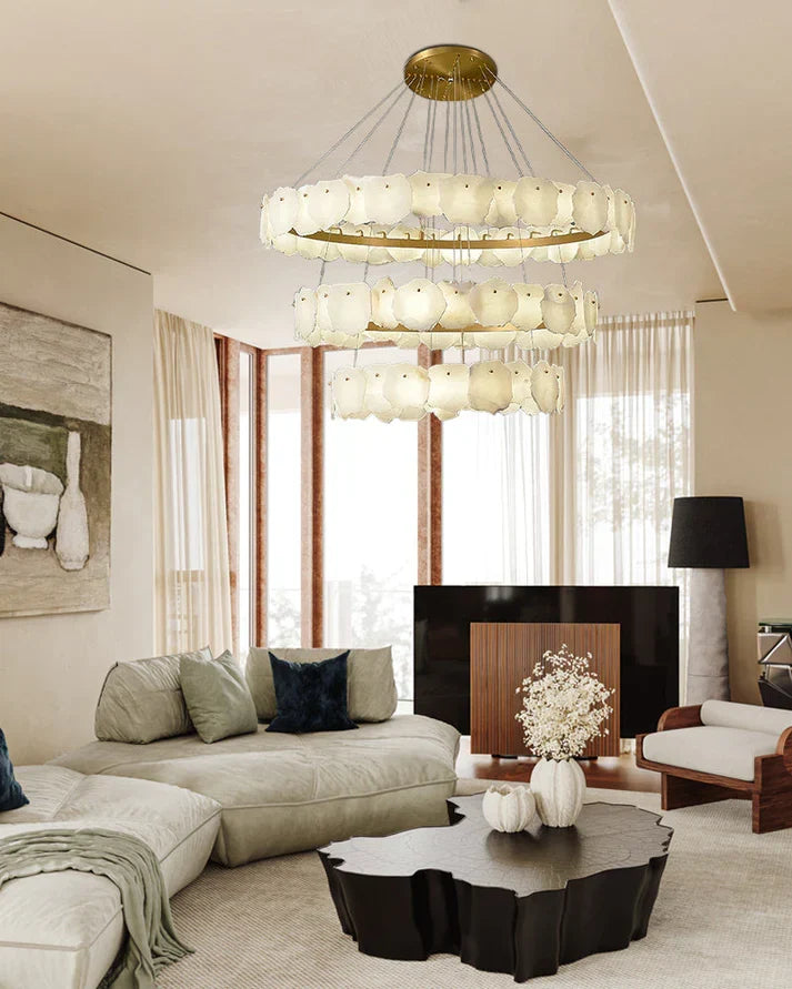 Irregular Alabaster Multi-Layered Round Chandelier, in white + brass - view 7