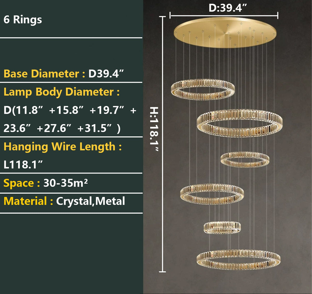 Modern Layered Ring Crystal Chandelier For High Ceiling Living Room /Foryer/Stairscase - view 11
