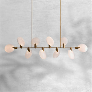 Lyla 62 inch linear chandelier full view with staggered alabaster petals