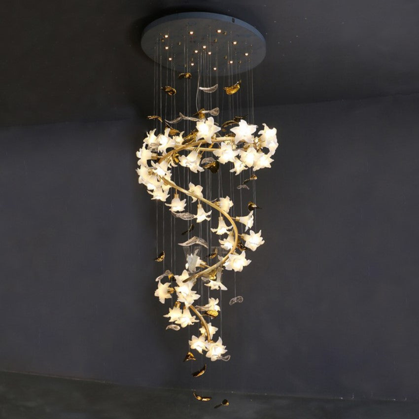 Ceramic Flower Chandelier in Artistic Brass Branch Design - view 2