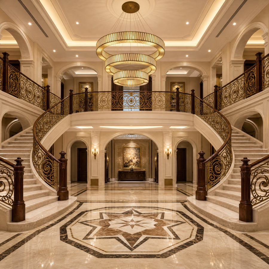 Villa entrance hall with twin curved staircases and a three-tier gold ring chandelier