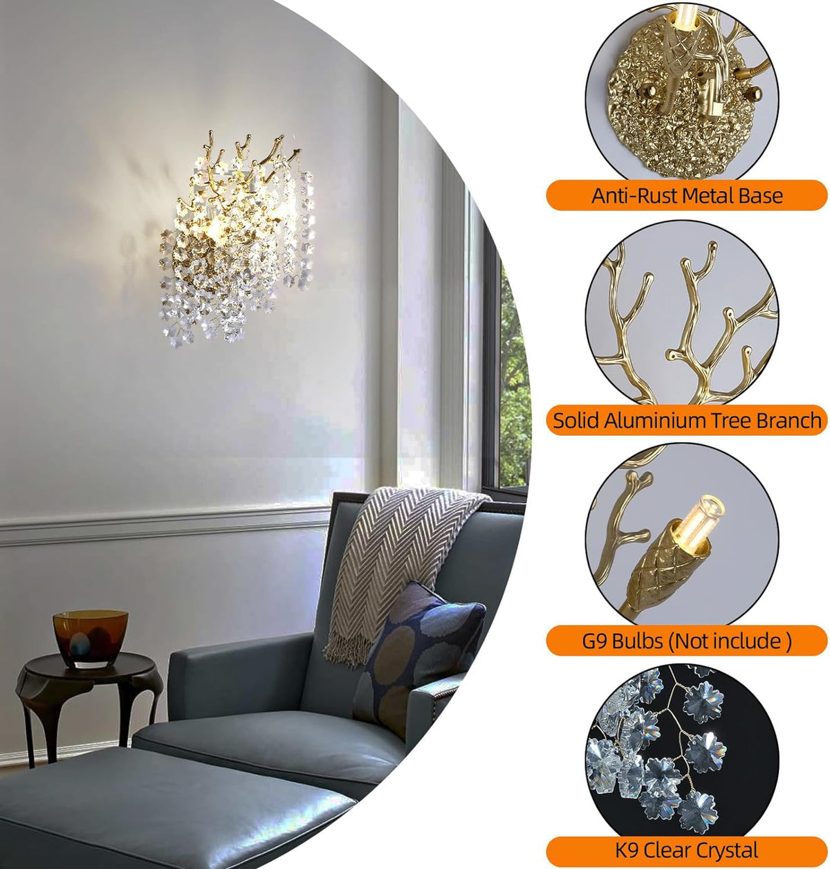 Snow Tree Branch Crystal Gold/Silver Wall Sconce - view 3
