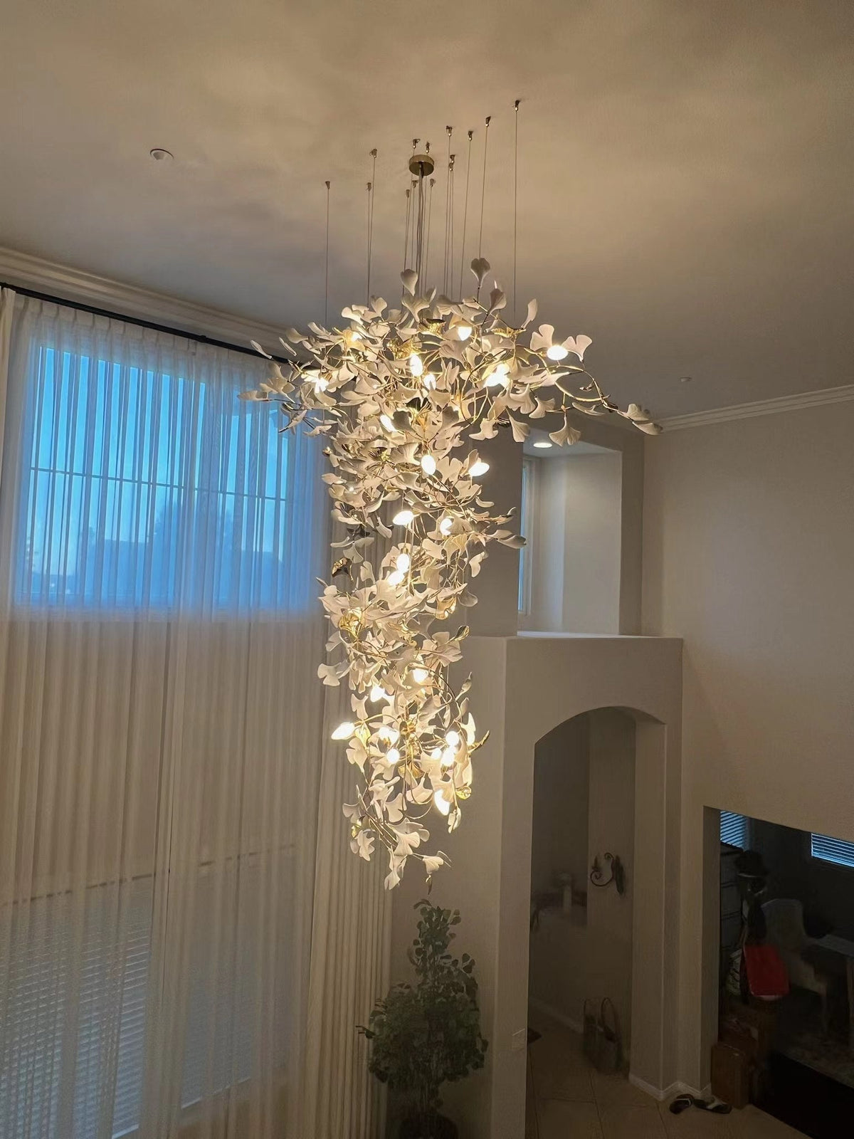 Artistic Tree Branch Pendant Light with Ceramic Ginkgo Leaves for High Ceilings in Hotel or Home, chandelier - view 22