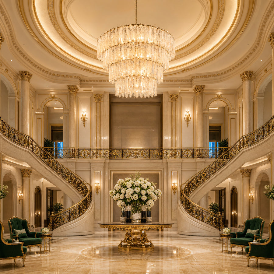 Grand hotel lobby with twin curved marble staircases and a large tiered crystal chandelier