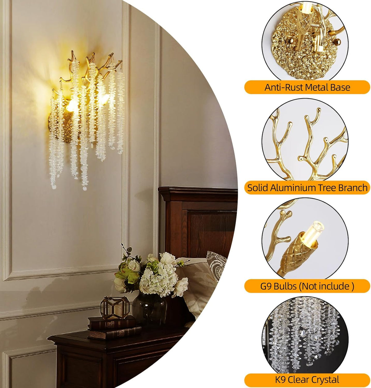 Snow Tree Crystal Gold Wall Sconce for All Rooms 10"H - view 2