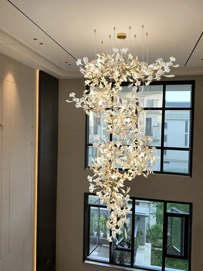 Artistic Tree Branch Pendant Light with Ceramic Ginkgo Leaves, chandelier in gold & white