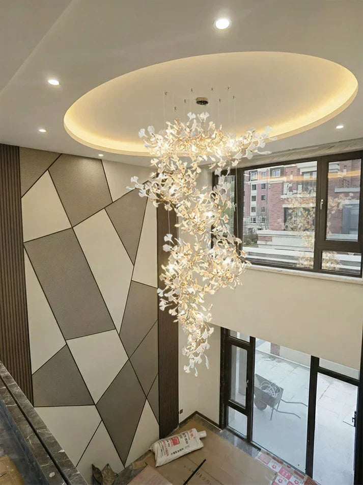 Artistic Tree Branch Pendant Light with Ceramic Ginkgo Leaves, chandelier in gold & white - view 2