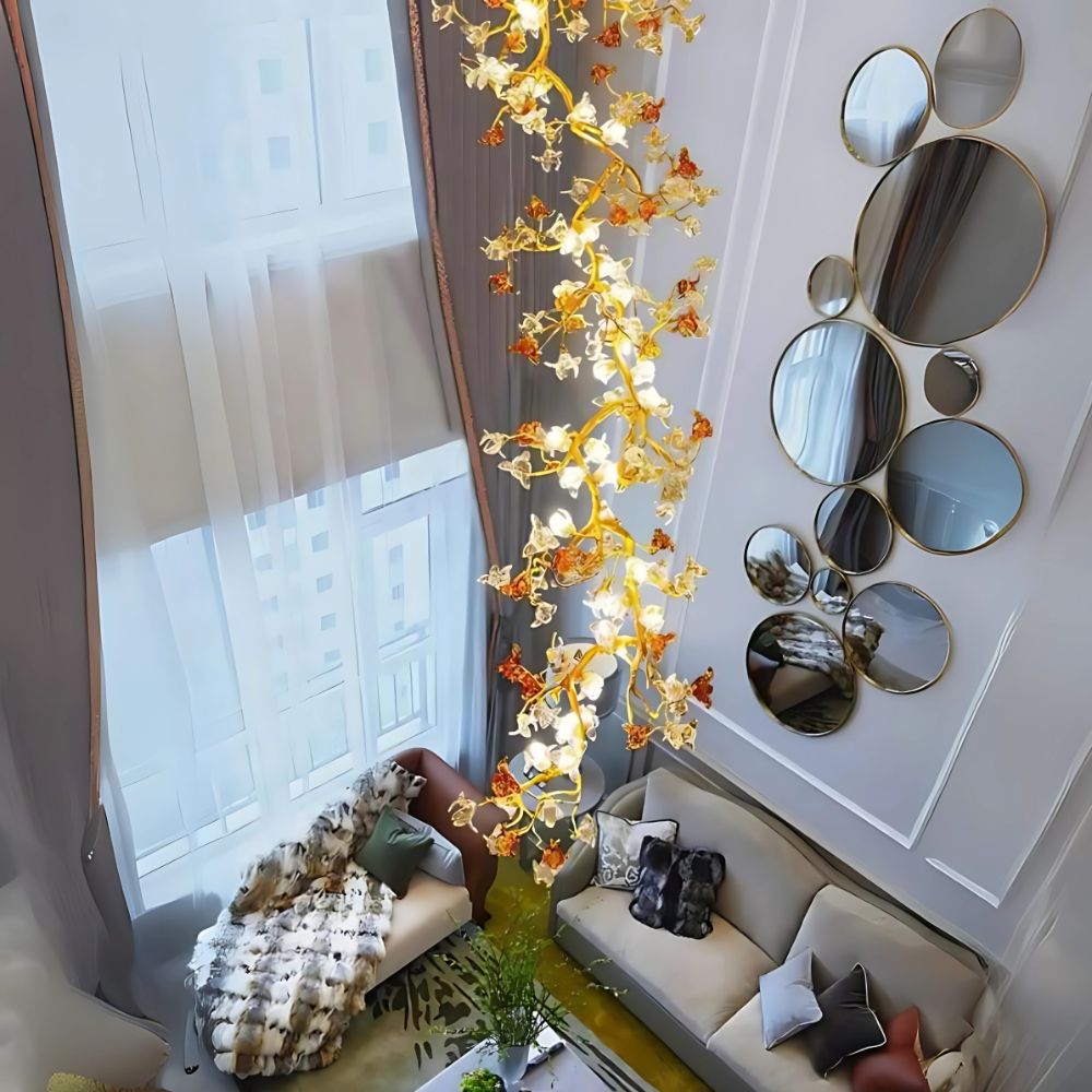 Verdant Branch Copper Vine Glass Flower Stairwell Chandelier - view 4