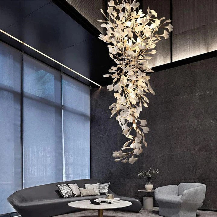 Artistic Tree Branch Pendant Light with Ceramic Ginkgo Leaves for High Ceilings in Hotel or Home, chandelier - view 2