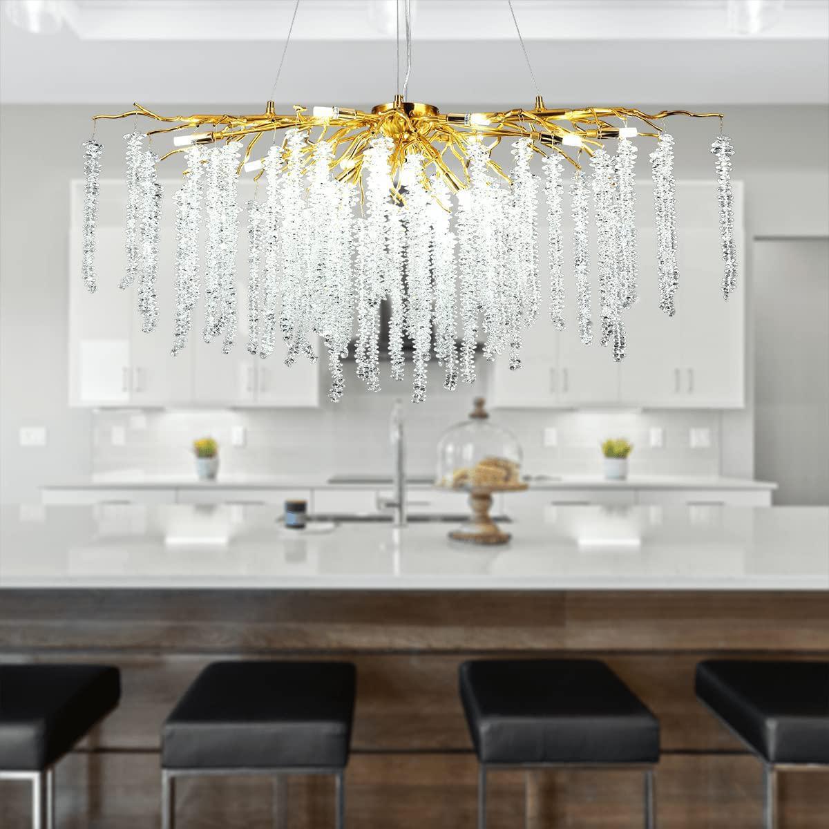 Doris White Crystal Rectangle Branch Chandelier Gold 45"L, rectangular