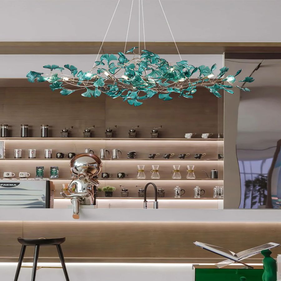 Colorful Glass Ginkgo Leaf Chandelier, brass - view 14