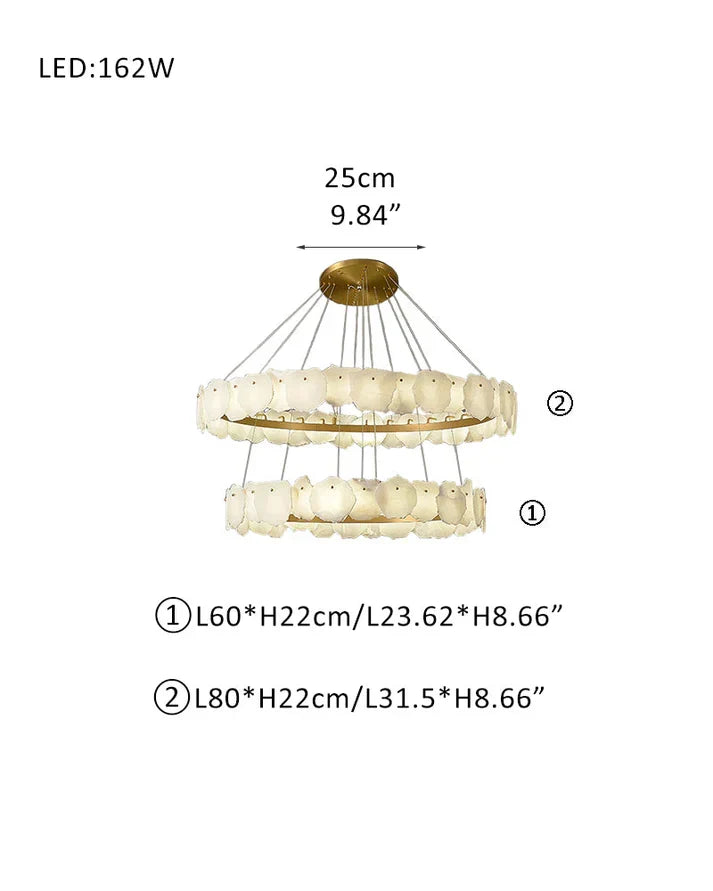 Irregular Alabaster Multi-Layered Round Chandelier, in white + brass