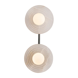 Dahlia double alabaster wall sconce with two ribbed stone discs on a black stem