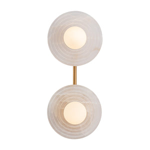 Dahlia double wall sconce in brass finish with round alabaster shades
