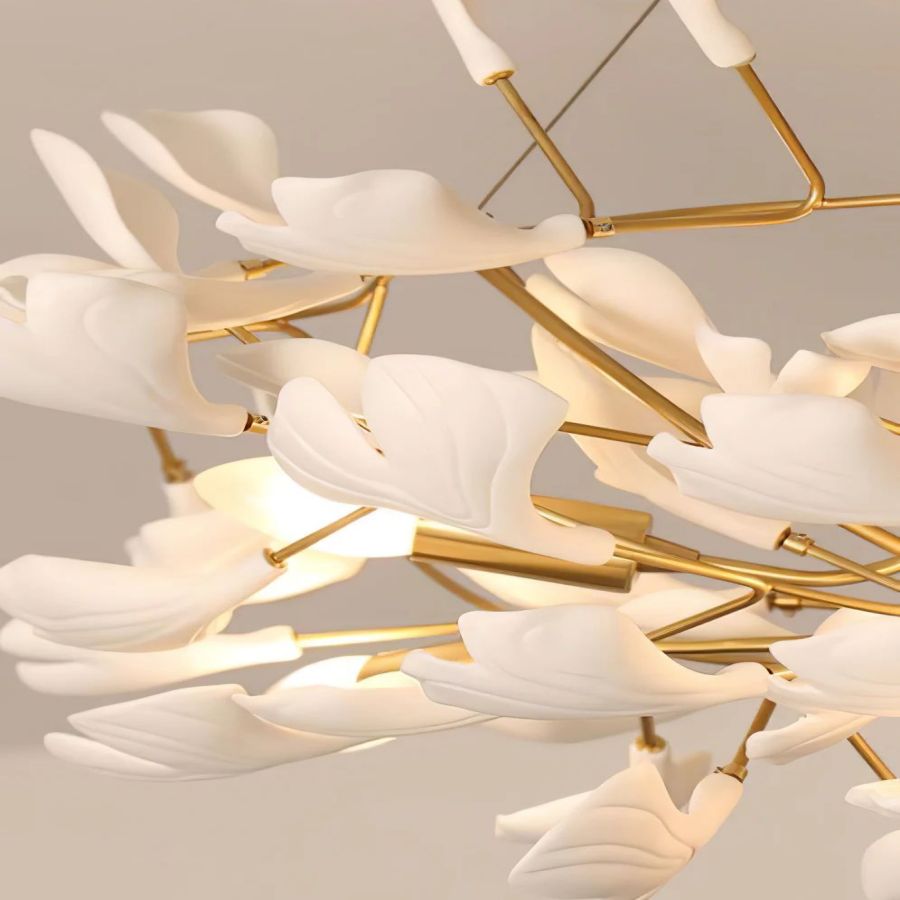 Drooping Ceramic Ginkgo Leaf Chandelier, in gold & white - view 7