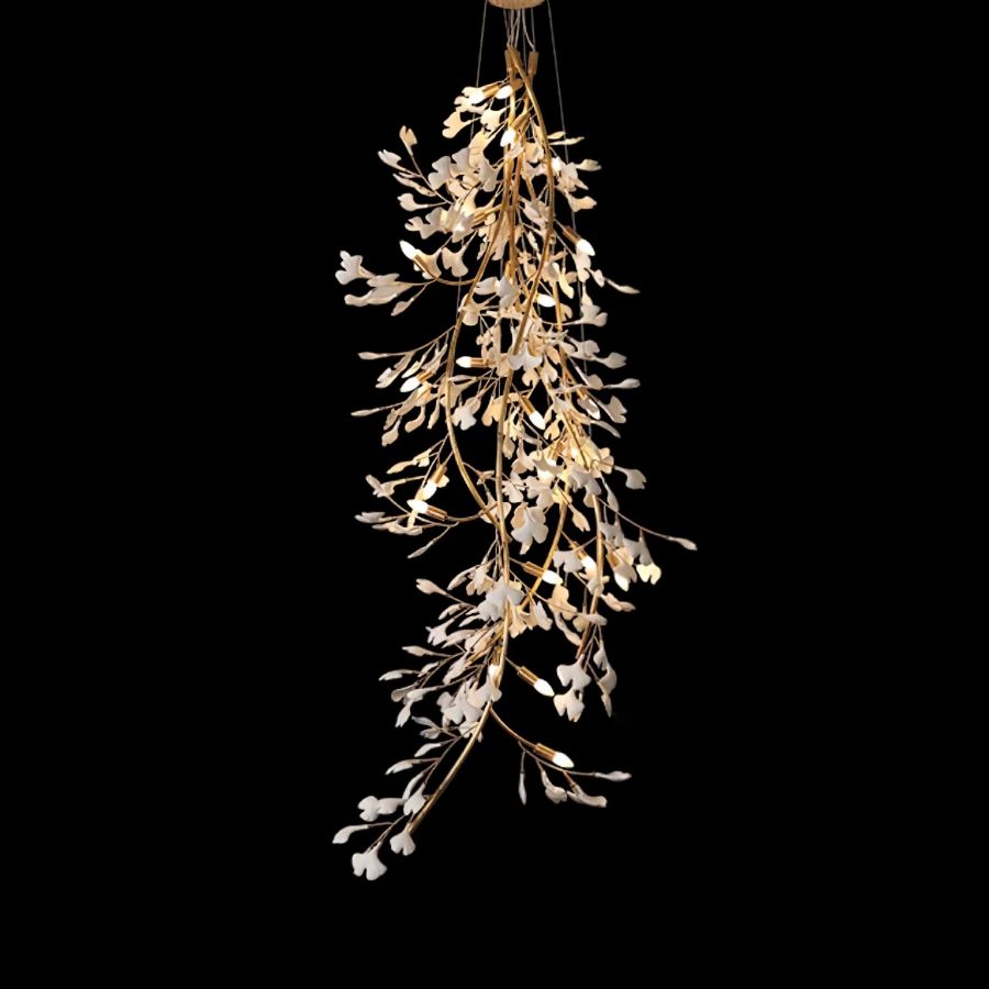 Drooping Ceramic Ginkgo Leaf Chandelier, in gold & white - view 2