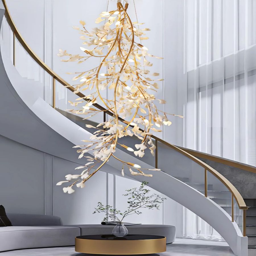Drooping Ceramic Ginkgo Leaf Chandelier, in gold & white