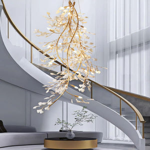 Drooping Ceramic Ginkgo Leaf Chandelier, in gold & white - view 4