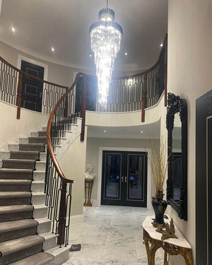 Oversized Customization D39.4"*H157.5" Vertical Long Crystal Shiny Bright Fabulous 2 Story Foyer Hallway Chandelier Spiral Staircase High Ceiling Lighting Fixture In Black/ Gold Finish