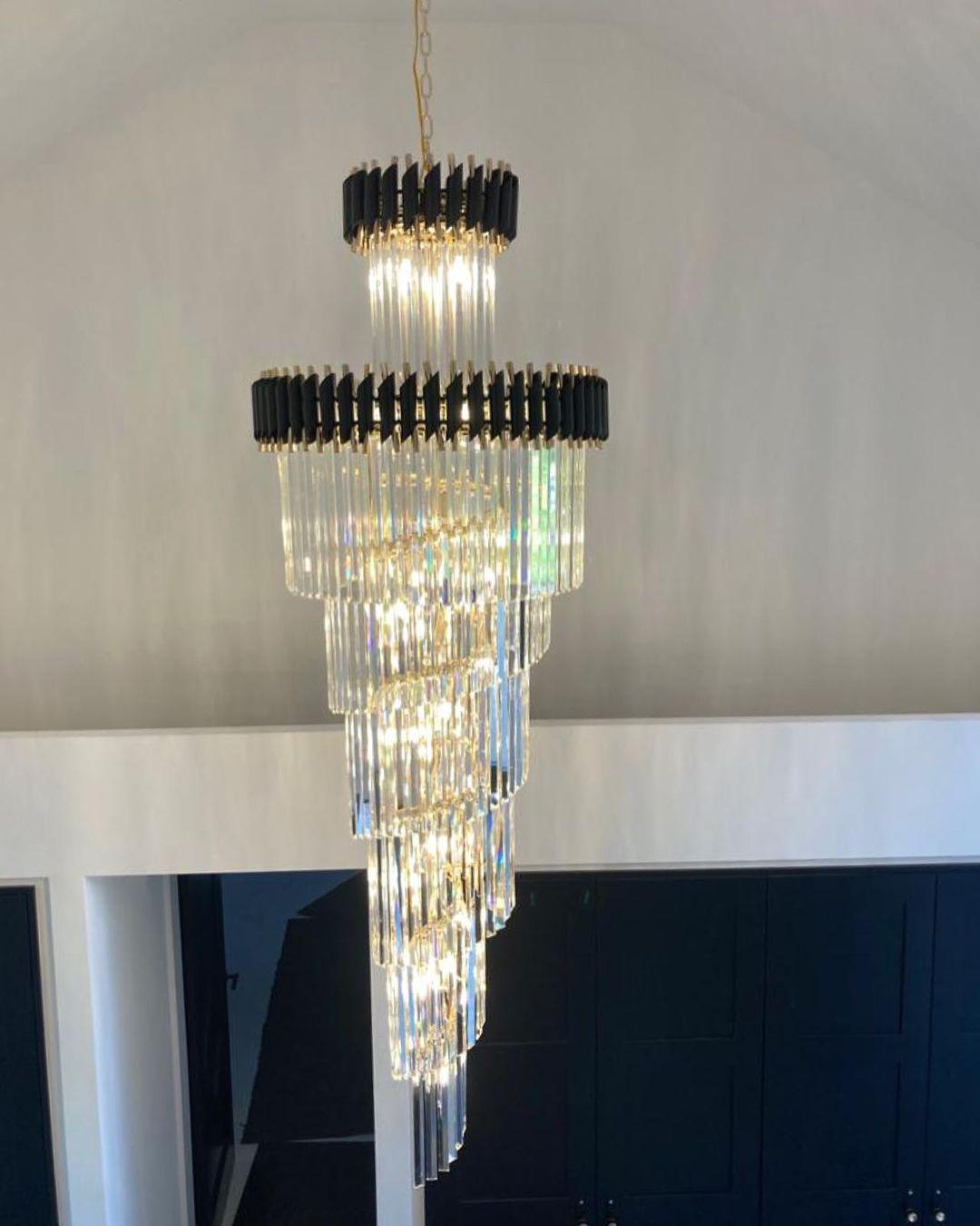 Oversized Customization Vertical Long Crystal 2 Story Foyer Hallway Chandelier Spiral Staircase High Ceiling Lighting Fixture In Black/ Gold Finish