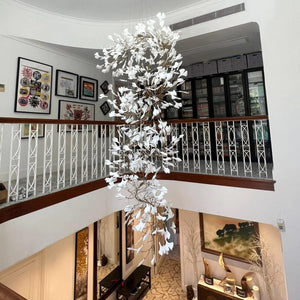 Artistic Tree Branch Pendant Light with Ceramic Ginkgo Leaves for High Ceilings in Hotel or Home, chandelier - view 5