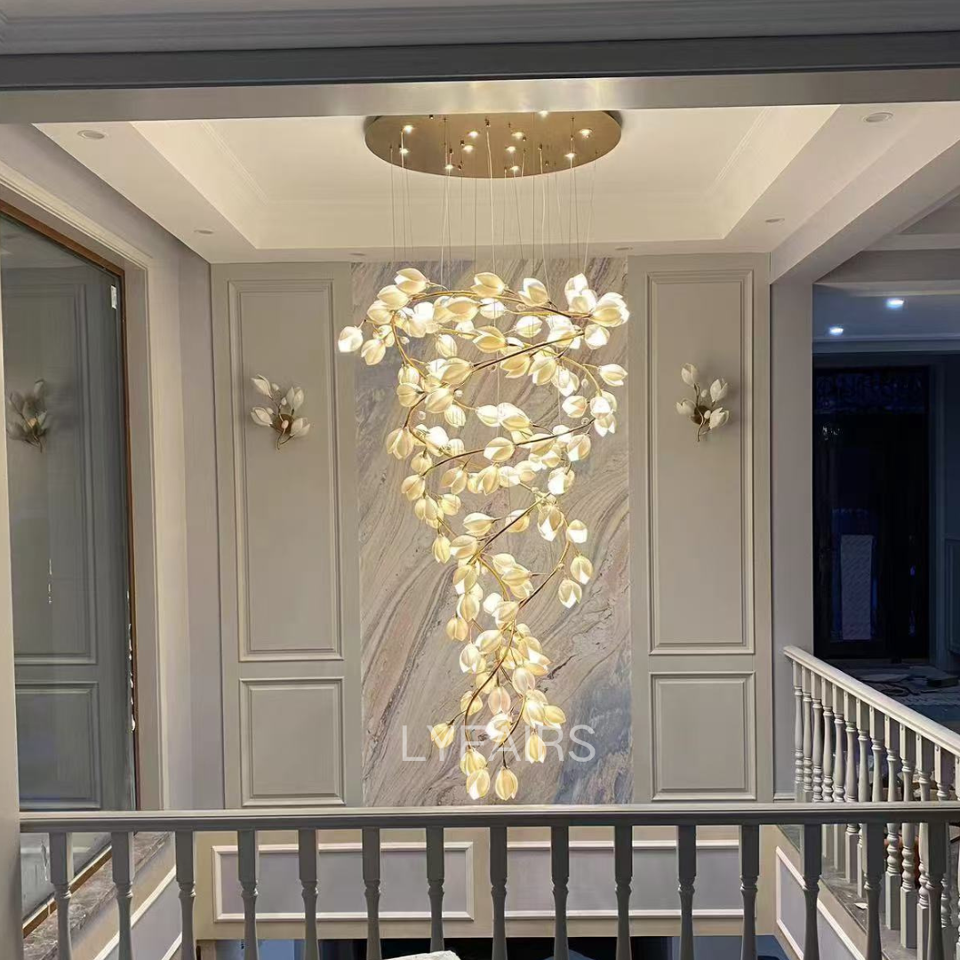 Spiral Pure White Magnolia Chandelier with Golden Branches for Staircase/High-ceiling Space/Foyer/ Duplex - view 5