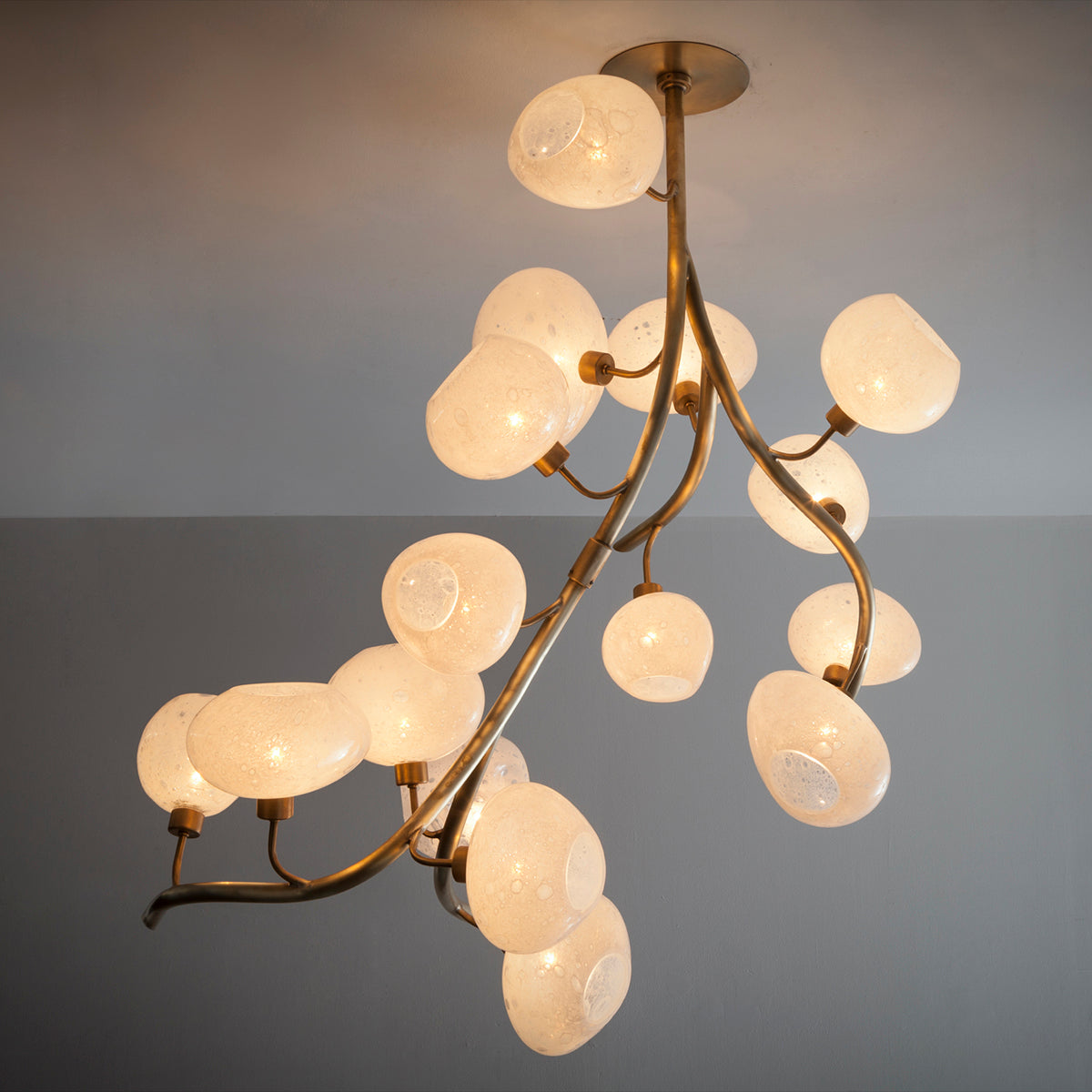 Modern Chandelier with Irregular Glass Lampshades and Brass Branches - view 2