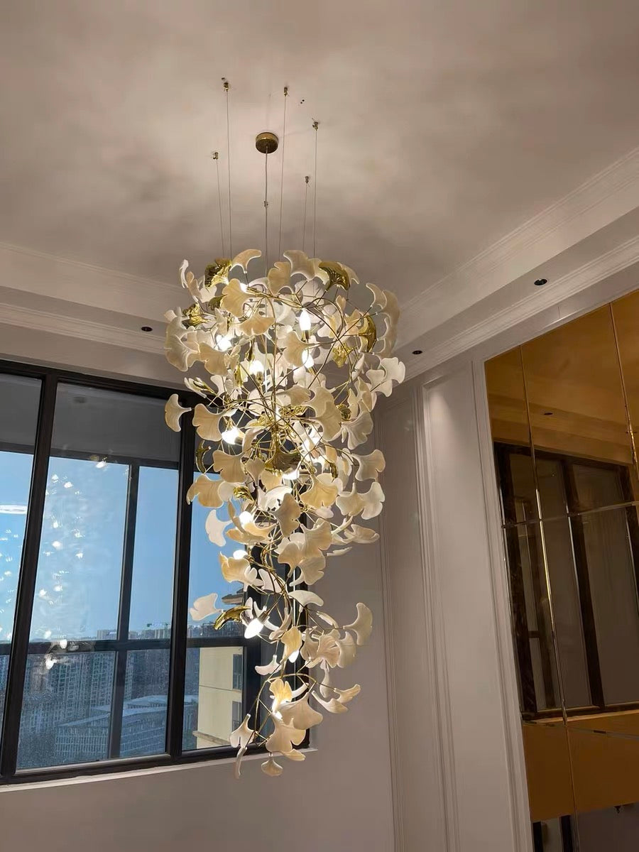 Artistic Tree Branch Pendant Light with Ceramic Ginkgo Leaves for High Ceilings in Hotel or Home, chandelier - view 17