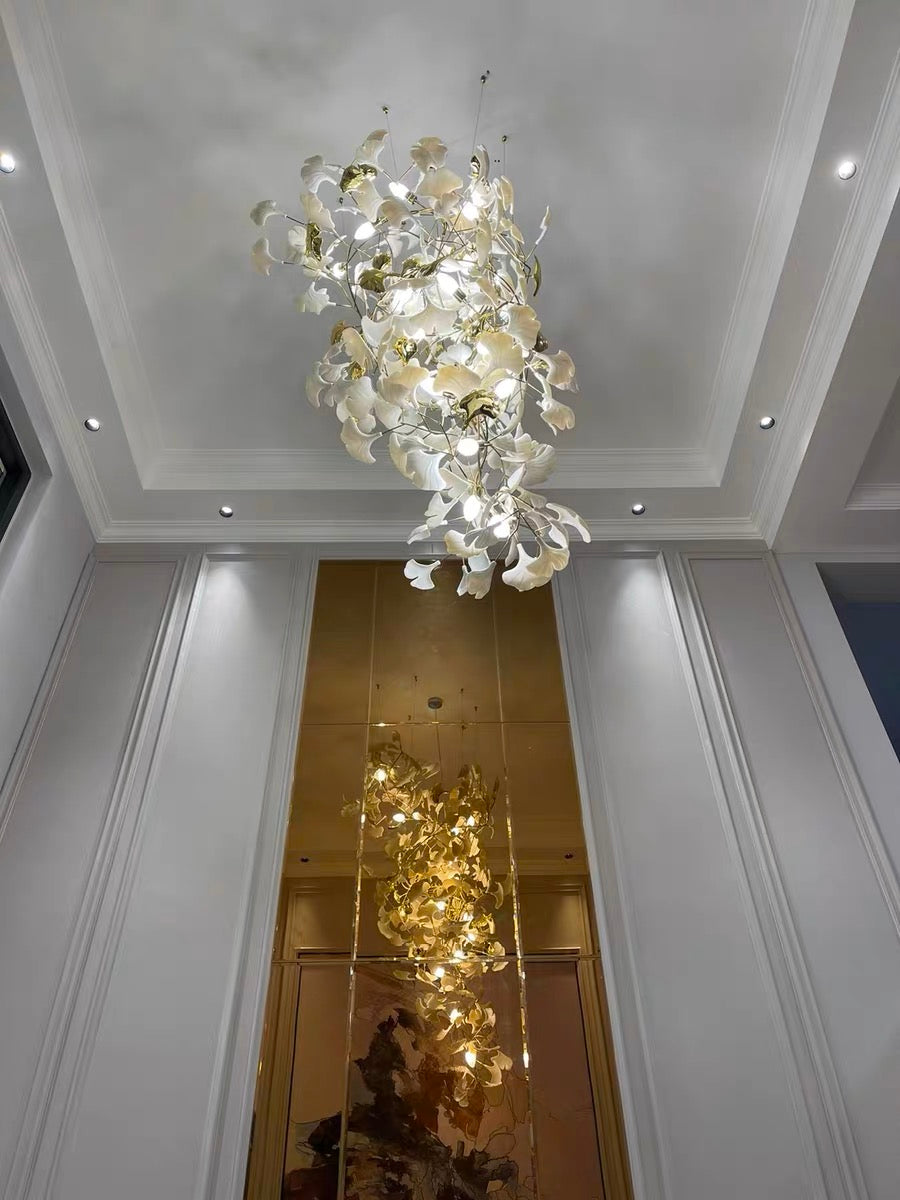 Artistic Tree Branch Pendant Light with Ceramic Ginkgo Leaves for High Ceilings in Hotel or Home, chandelier - view 18