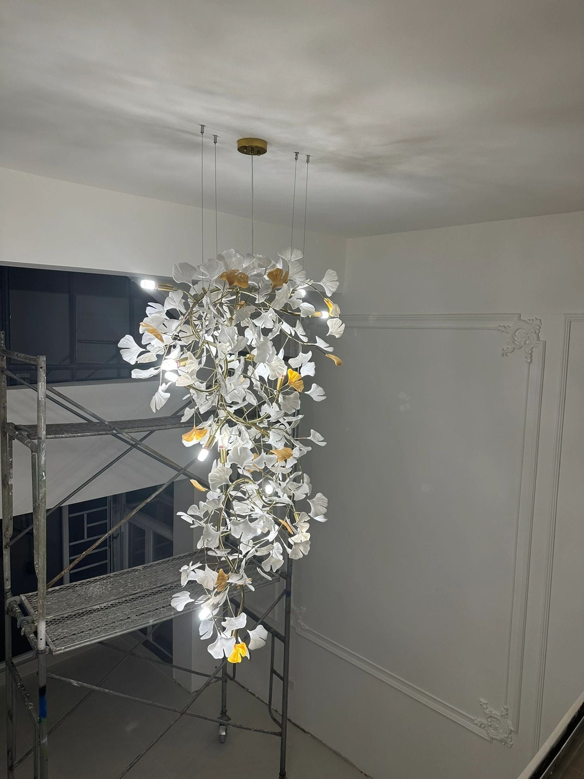Artistic Tree Branch Pendant Light with Ceramic Ginkgo Leaves for High Ceilings in Hotel or Home, chandelier - view 19